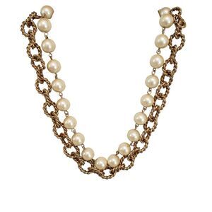 Double Strand Necklace Glass Pearl Gold Textured Chain 20" Vintage 1960s Retro